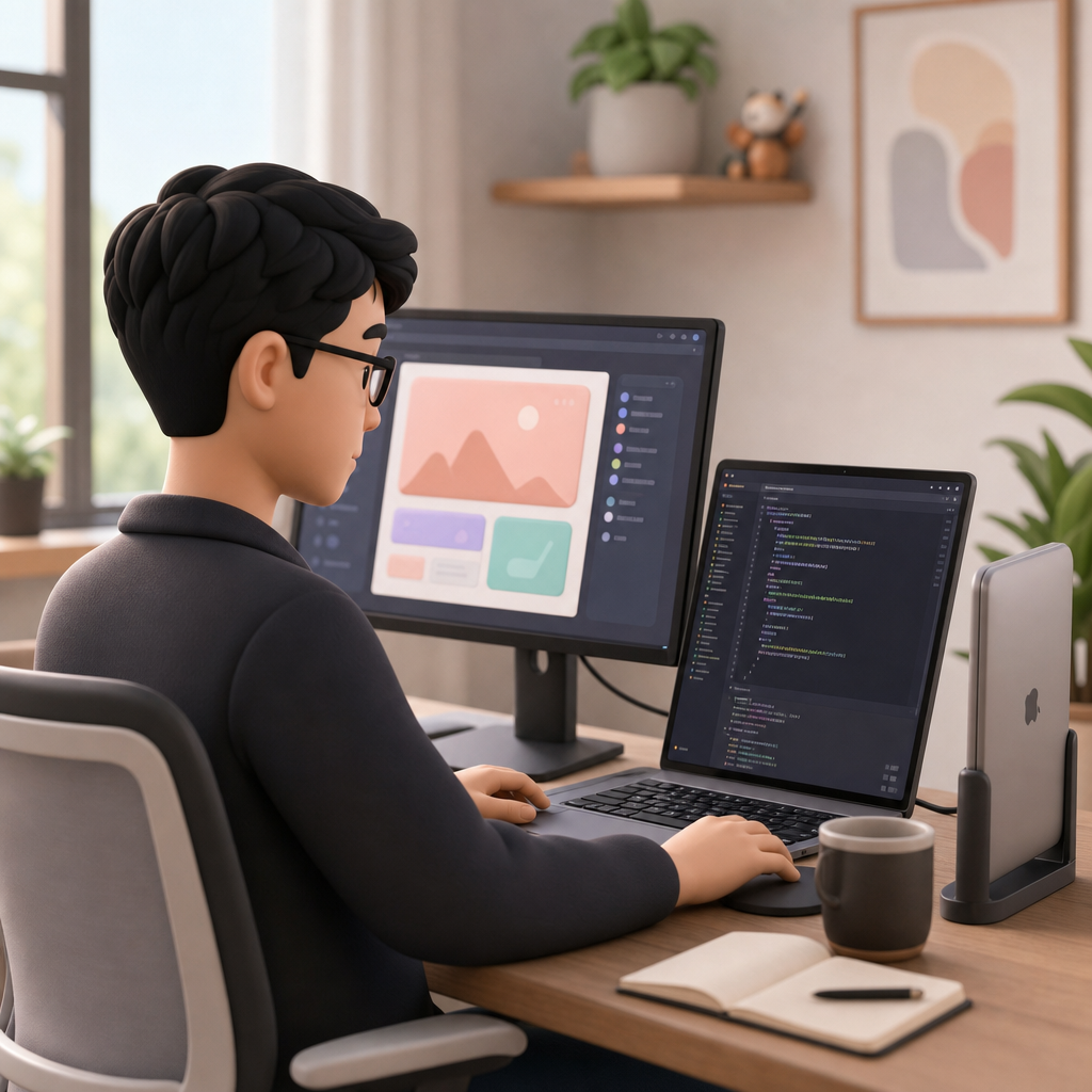 Frontend developer working on a website interface across two screens in a bright home office