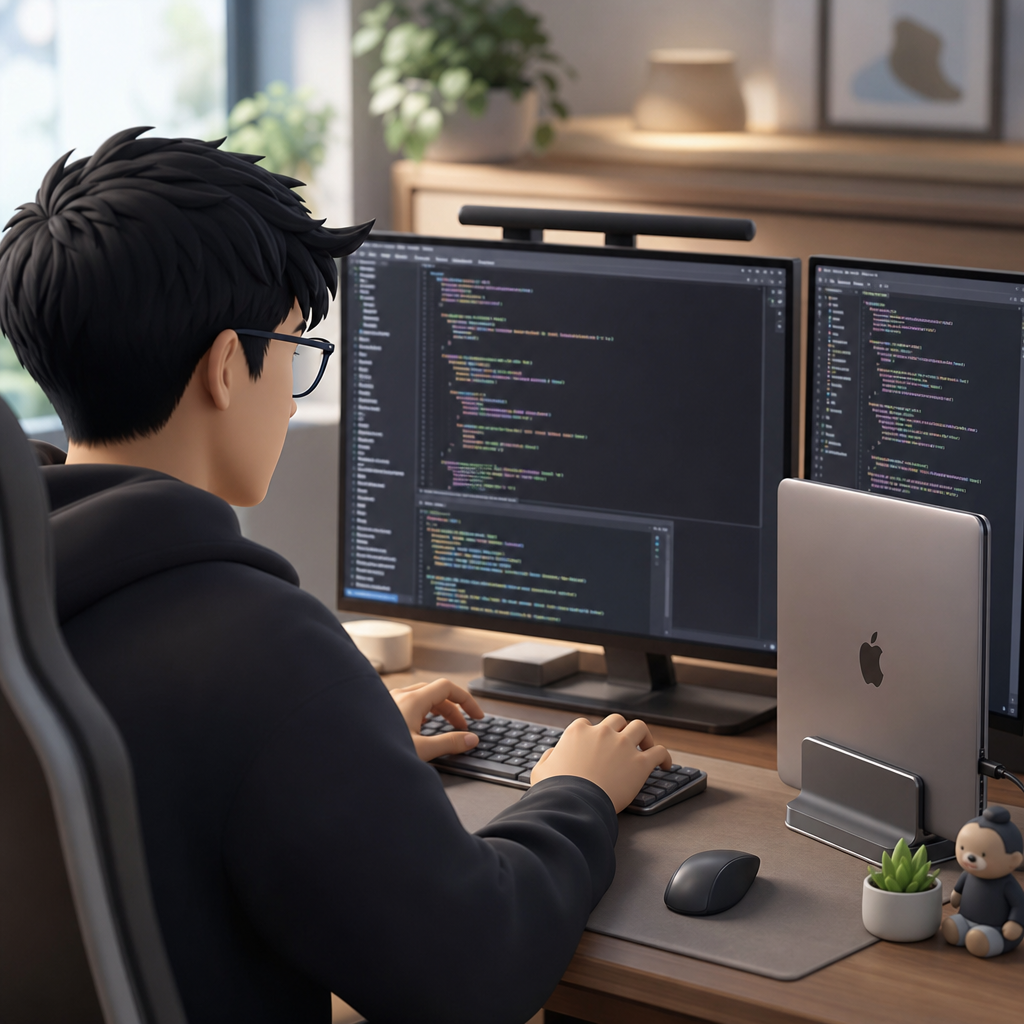 Developer typing code with a responsive website layout displayed on the laptop screen