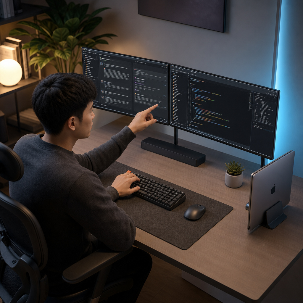 Soft 3D render, rounded matte-clay forms, studio three-point lighting, gentle ambient occlusion, pastel palette, shallow depth of field. An Asian man sits at a