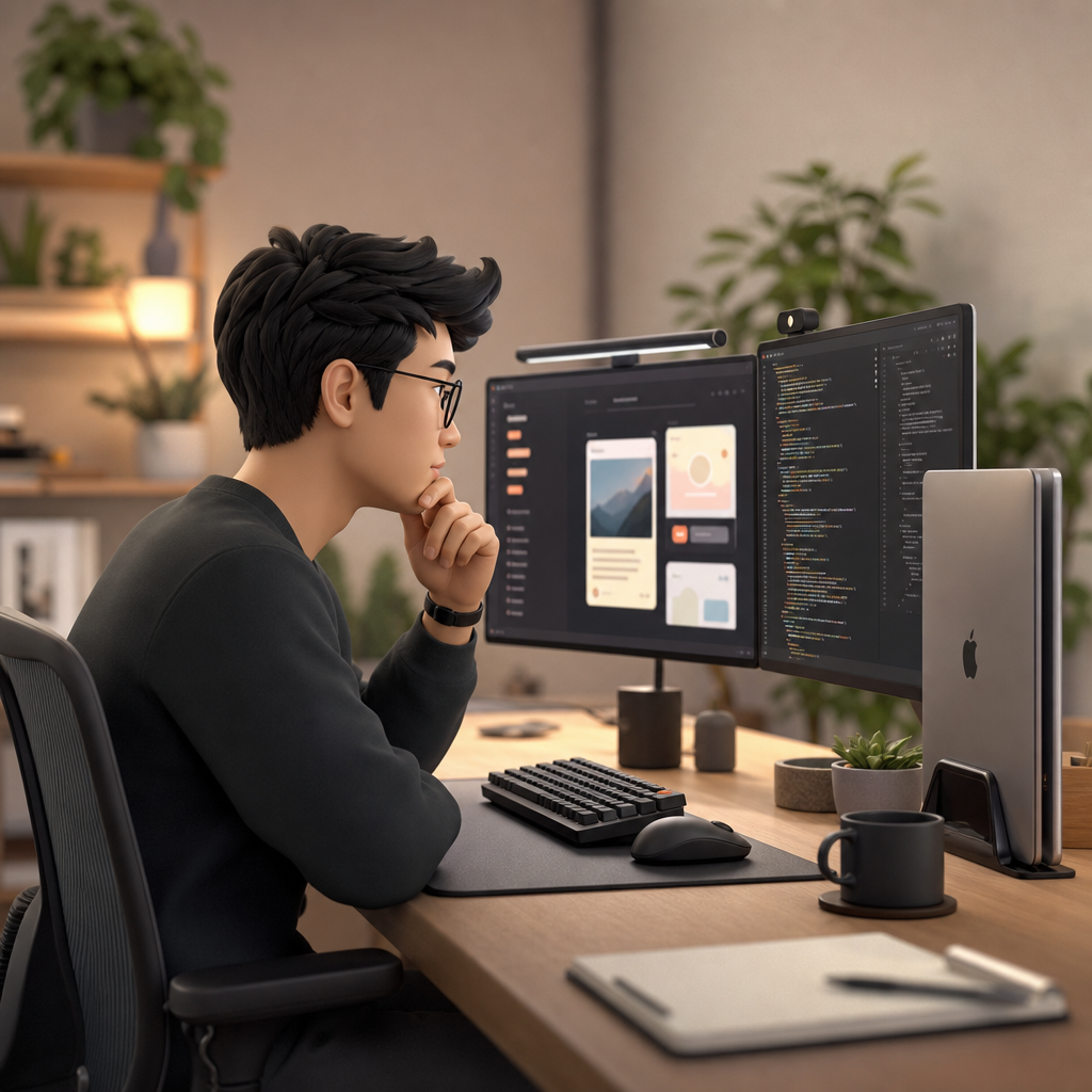 Developer reviewing frontend code and a design mockup side by side on two monitors