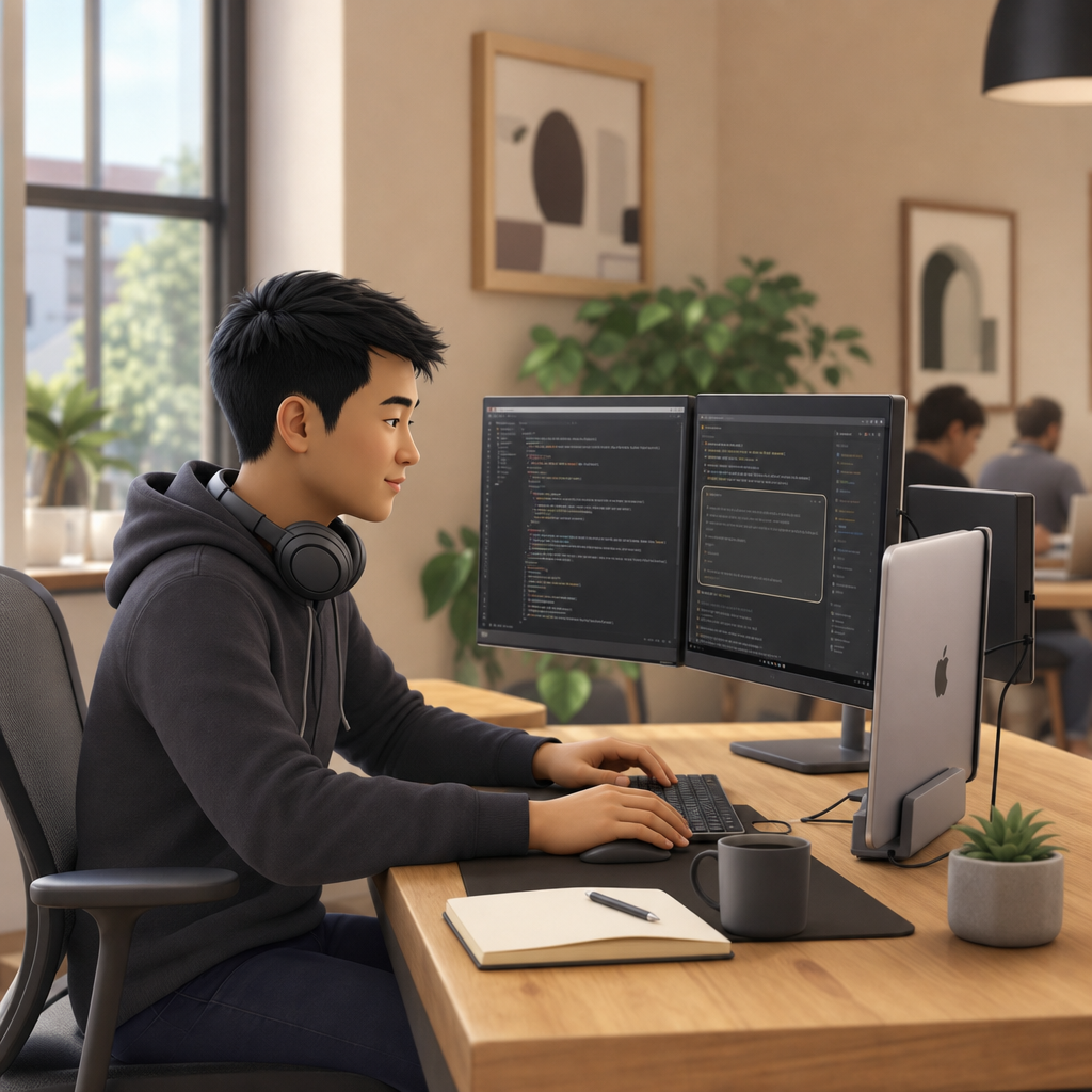 Independent developer working on a laptop in a quiet co-working space