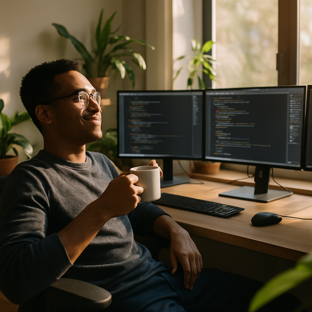A software developer sits at a modern desk with multiple monitors displaying code, leaning back in their chair with a satisfied expression while holding a