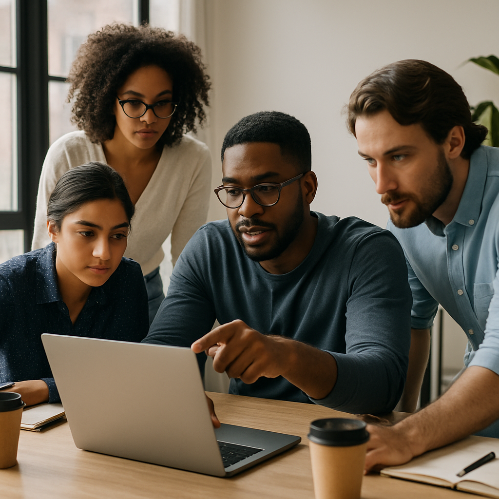 A team of diverse software developers collaborating around a laptop in a modern office, with one pointing at the screen while others lean in attentively