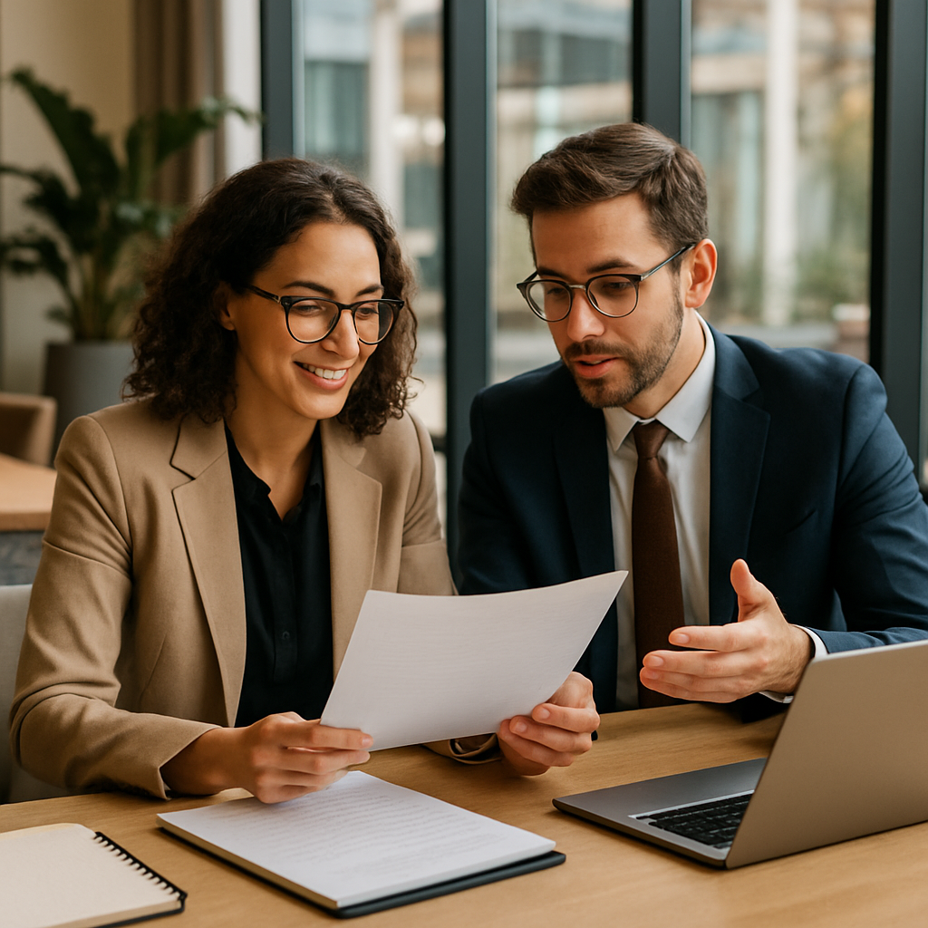 A professional woman and man sit at a modern conference table with laptops and notepads, reviewing documents together while having a discussion. The office
