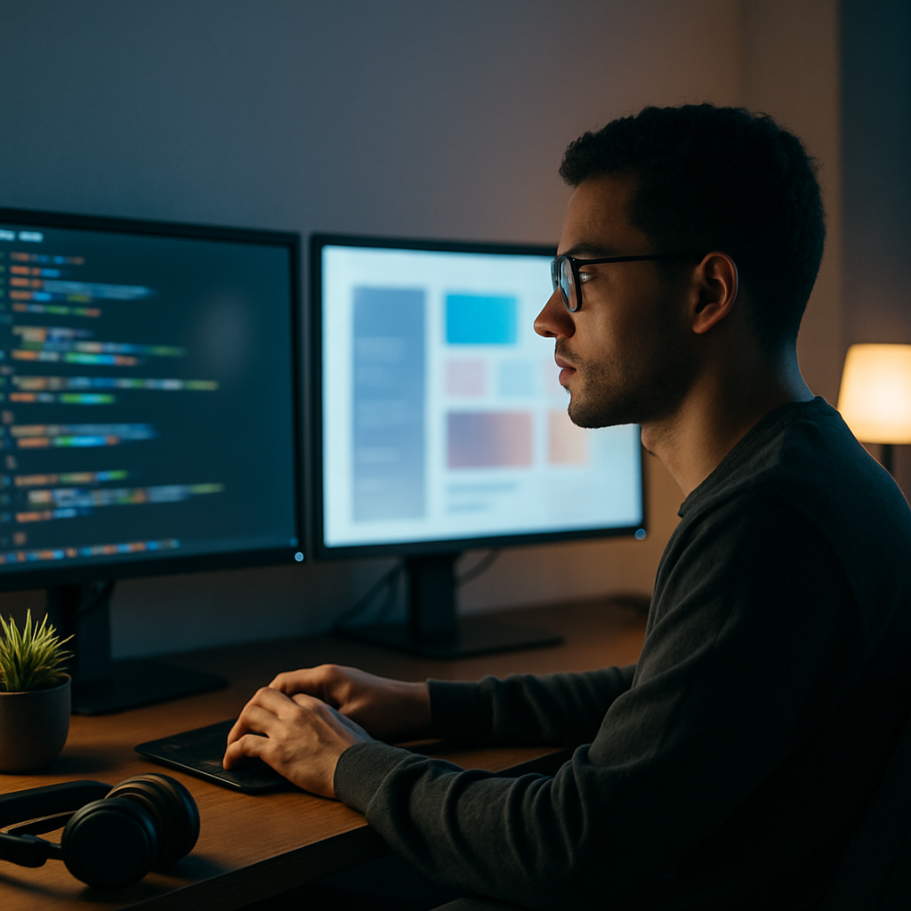 Developer working at a dual-monitor desk setup with coding interfaces visible